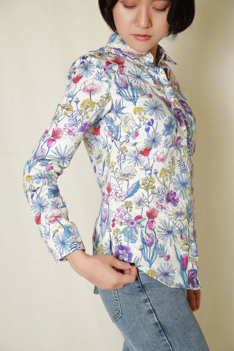 【日本千葉】上班族花花俏俏 長袖女襯衫 淡水色 XS-3XL - 女襯衫 - 棉．麻 白色