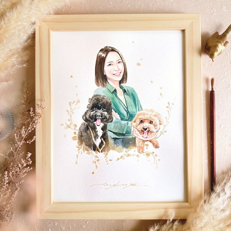 Custom Pet Watercolor Portrait | Family Gift | Couple Portrait | Illustration - ภาพวาดบุคคล - กระดาษ สีนำ้ตาล