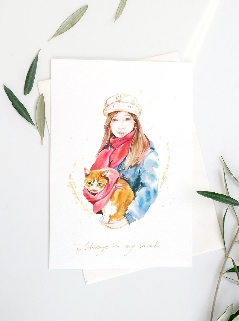 Custom Pet Watercolor Portrait | Family Gift | Couple Portrait | Illustration - ภาพวาดบุคคล - กระดาษ สีนำ้ตาล