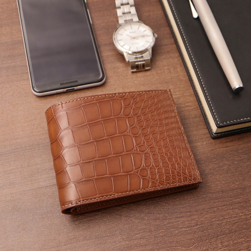 [Quick Shipment] Crocodile Leather 6 Card Short Clip - Wallets - Genuine Leather Brown