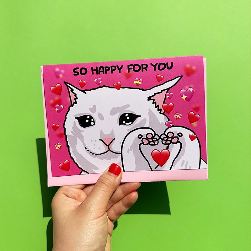 Greeting Card - So Happy For You Funny Congrats Crying Cat Heart Greeting Card - Cards & Postcards - Paper 