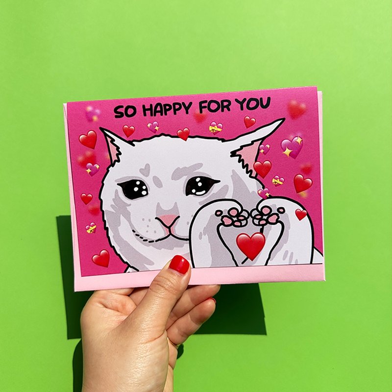 Greeting Card - So Happy For You Funny Congrats Crying Cat Heart Greeting Card - 卡片/明信片 - 紙 