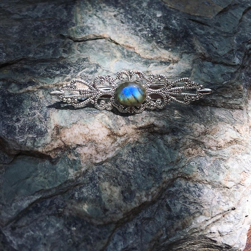 【Lost and find】Antique Natural Stone Labradorite Bronze Hair Clip - Hair Accessories - Gemstone Blue