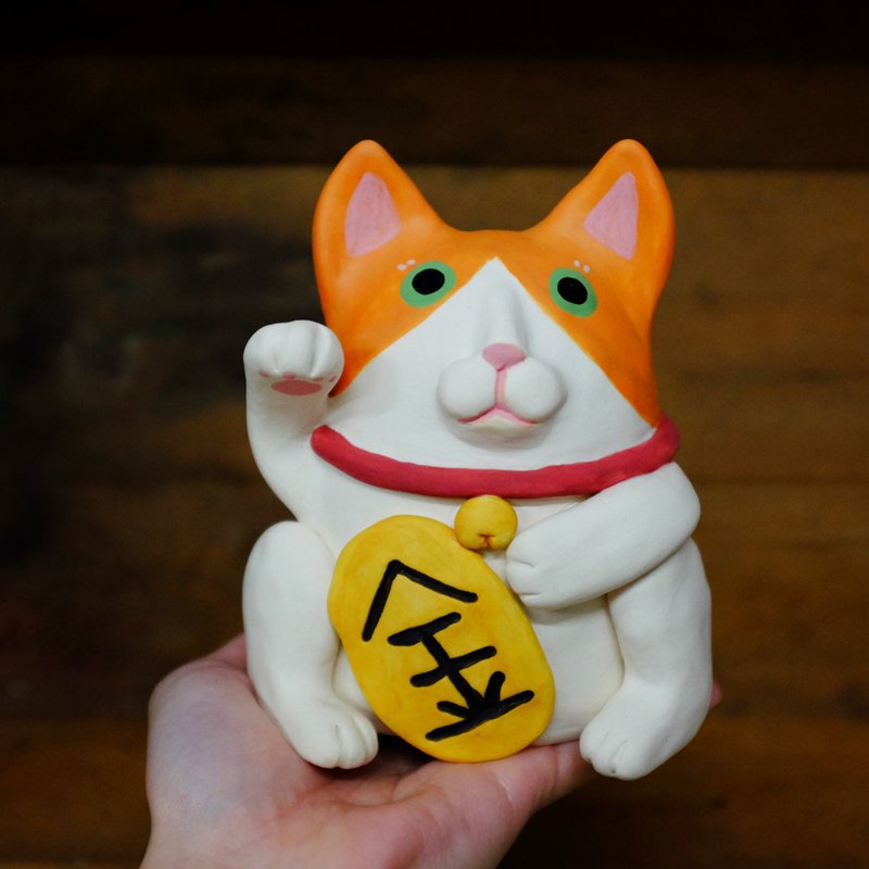 橘白賓士款陶瓷招財貓 - 擺飾/家飾品 - 陶 橘色