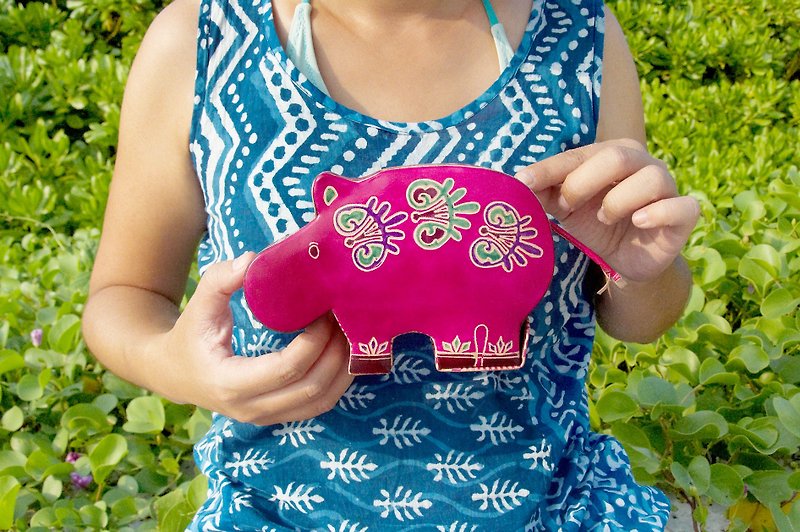 Christmas gift handmade goatskin piggy bank / hand-painted style leather wallet - cute animal hippo - Coin Banks - Genuine Leather Multicolor