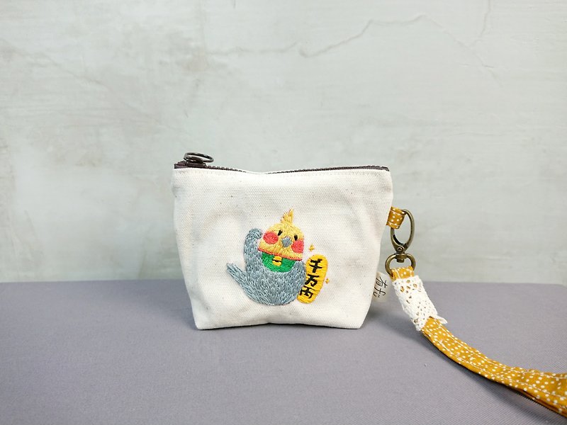Maneki Neko Cockatiel Embroidery Handmade Coin Purse - กระเป๋าใส่เหรียญ - ผ้าฝ้าย/ผ้าลินิน ขาว
