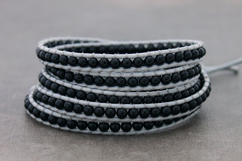 Beaded Bracelets Wrap Black Onyx Grey Woven Bracelets Unisex 5times wrap   - สร้อยข้อมือ - หิน สีดำ