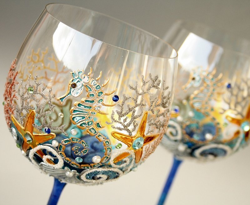 Wine Glasses Candleholders Seahrse Starfish Ocean Bottom Hand Painted Set of 2 - Bar Glasses & Drinkware - Glass Multicolor