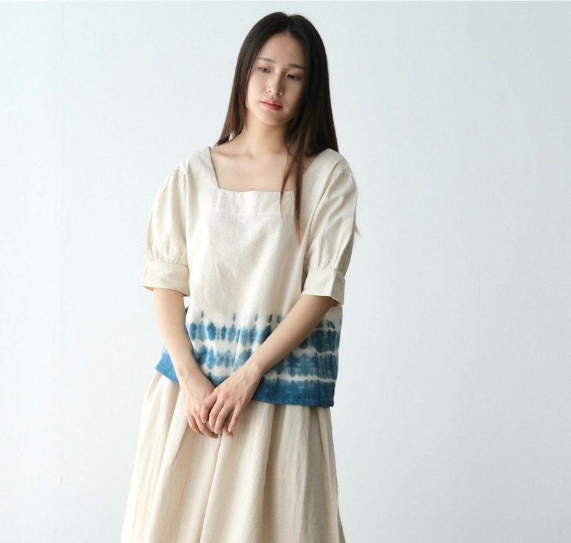 【棉麻手工藍染】方領泡泡袖短袖上衣 2色 - 女上衣/長袖上衣 - 棉．麻 白色