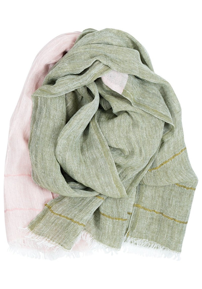 TSAVO linen thin scarf (rose light olive) - ผ้าพันคอถัก - ผ้าฝ้าย/ผ้าลินิน สีเขียว