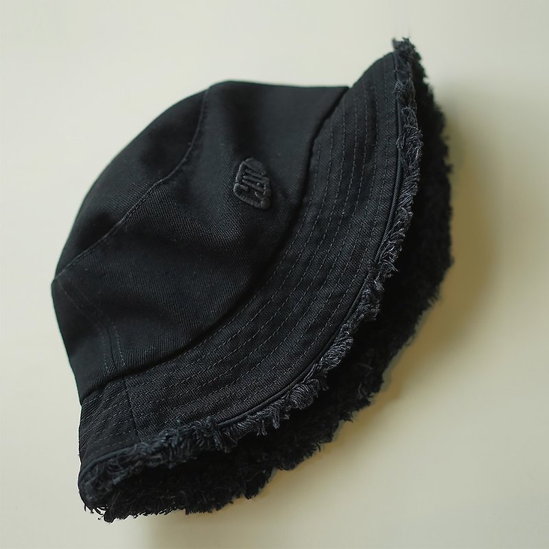 CAT WEST design autumn and winter black denim embroidery raw edge basin hat fisherman hat - Hats & Caps - Cotton & Hemp Black