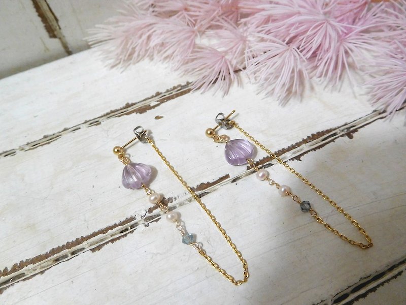 14k gold amethyst shell-shaped engraved pearl front and rear earrings can be changed to last one - Earrings & Clip-ons - Other Metals Purple