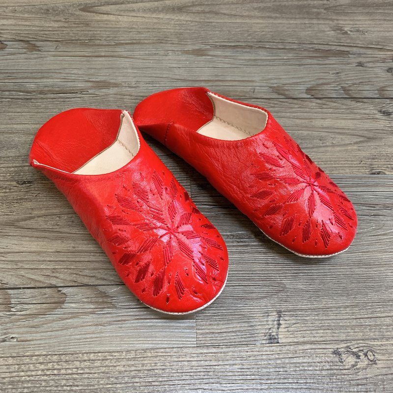 摩洛哥 babouche 室內拖鞋 花磚刺繡 罌粟花 - 室內拖鞋 - 真皮 紅色