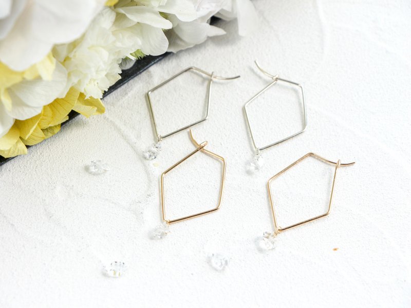 14kgf-Rhomboidal shapes herkimer pierced earrings - 耳環/耳夾/耳骨夾 - 其他金屬 金色