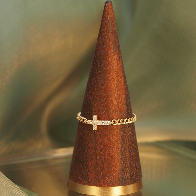 18K金鑽石十字架戒指18K Gold Diamond Cross Chain Ring - 戒指 - 貴金屬 