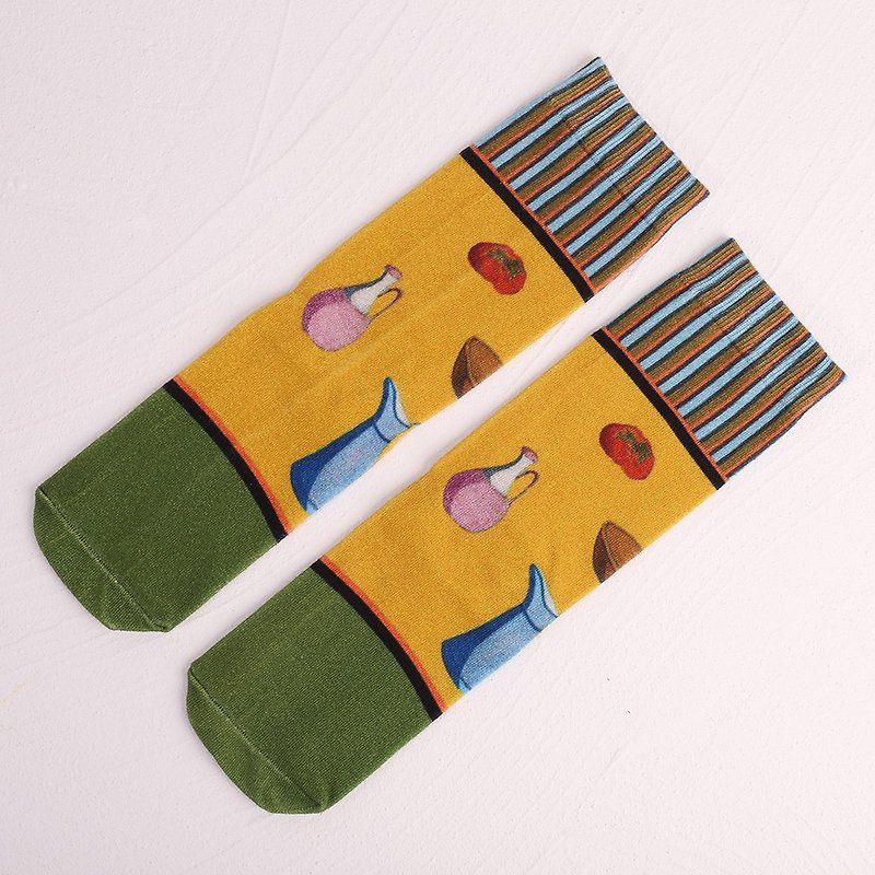 NoMatch不合設計3d印花靜物油畫精梳棉中筒襪中性風解構幾何時髦 - 襪子 - 棉．麻 黃色
