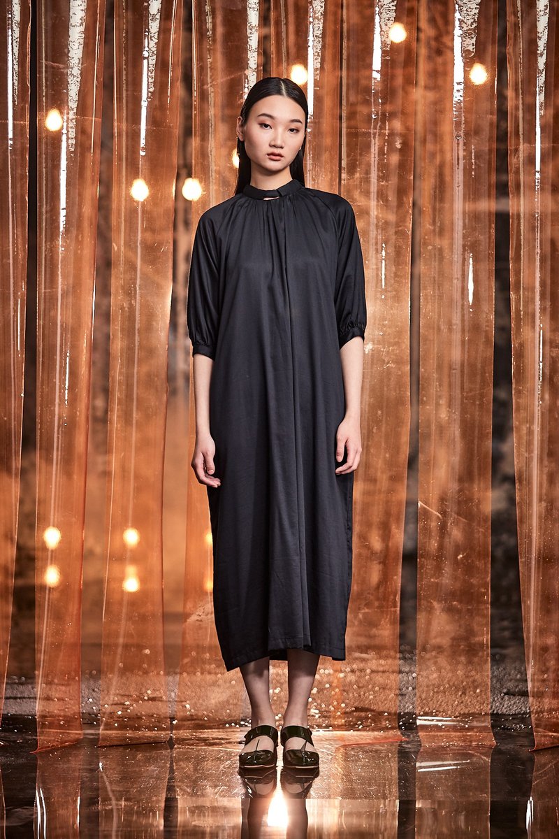 Five-point sleeve tie dress - One Piece Dresses - Polyester Black
