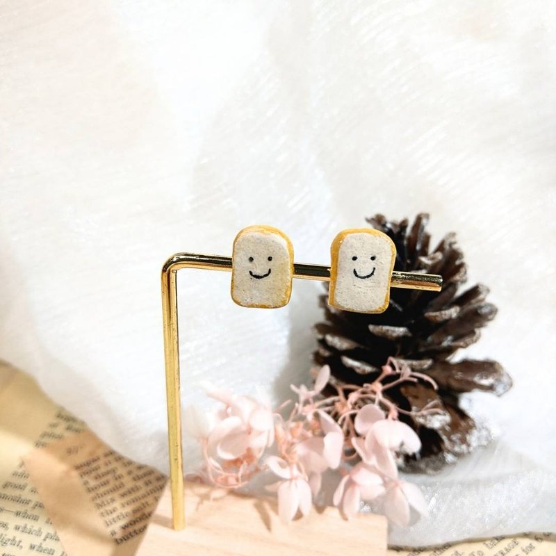 Pottery Smiling Toast Earrings | Ear Needles | Clip-On| Original Color | Pair - Earrings & Clip-ons - Pottery White