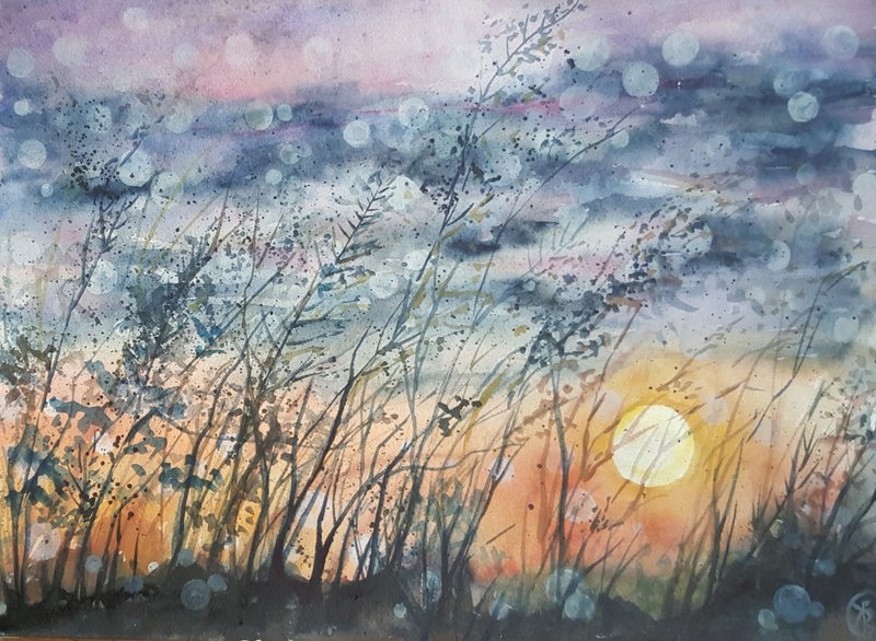 Sunset Meadow Painting  Golden Sun Original Watercolor  Artwork - 海報/掛畫/掛布 - 紙 多色