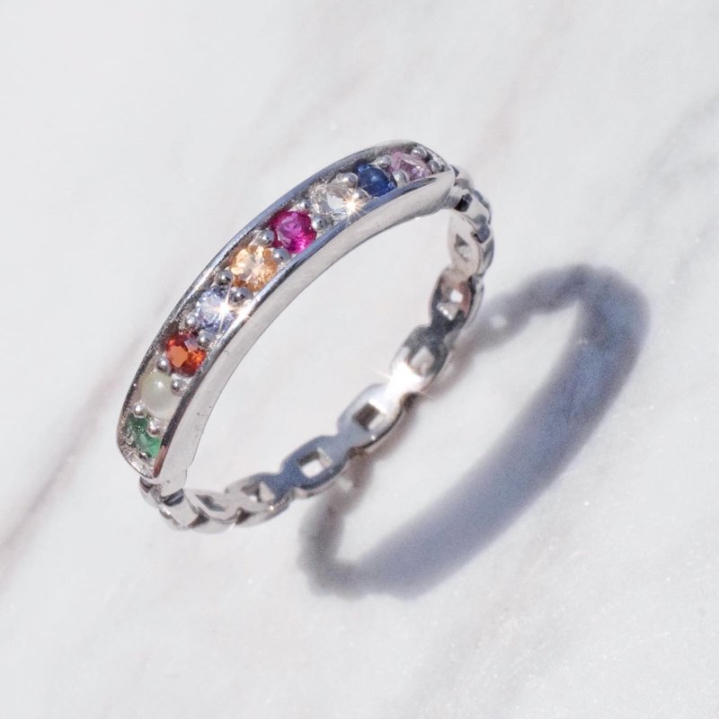 Nine gems ring 9 lucky gemstone chain ring #minim9luckygems #minimring R138 - 戒指 - 純銀 