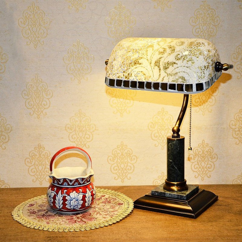 Marble Base Marigold Bank Desk Lamp | Harrison Handmade Glass Library Lamp - Lighting - Copper & Brass Yellow