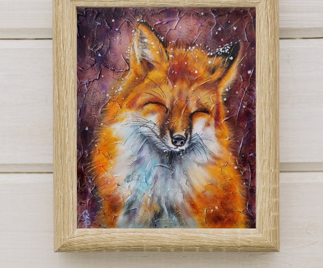 キツネの絵画オリジナルオイル野生動物壁アート冬の森家の装飾の肖像画