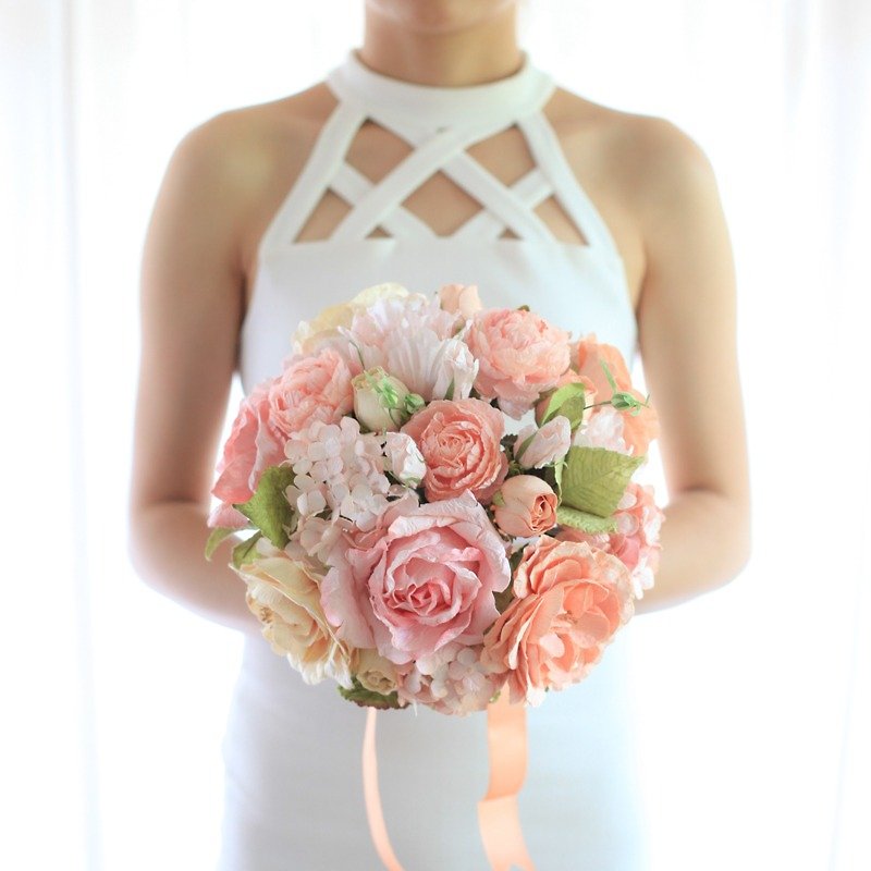 MB301 : ช่อดอกไม้เจ้าสาว สำหรับถือในงานแต่งงาน ในโทนสีแอพริคอต - งานไม้/ไม้ไผ่/ตัดกระดาษ - กระดาษ สีส้ม
