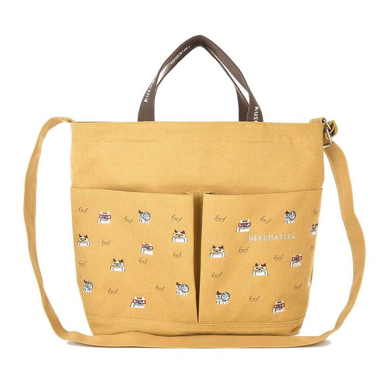 Kusuguru Japan Large Capacity Shoulder Handbag Side Back Crossbody 2 Zippered Outing Bag-Mustard Yellow - กระเป๋าแมสเซนเจอร์ - ไฟเบอร์อื่นๆ สีนำ้ตาล