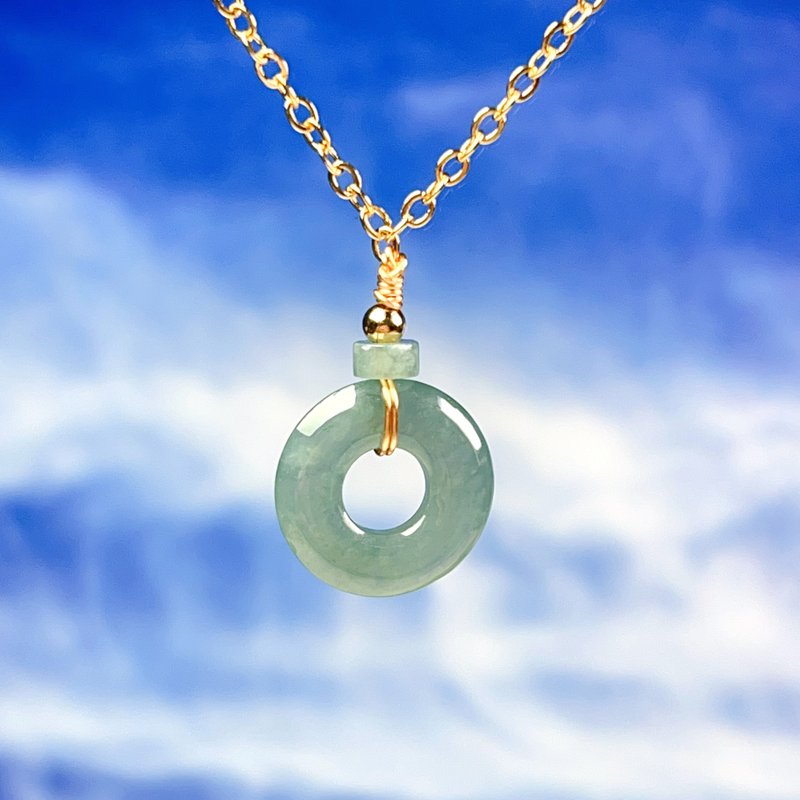 [Wish for peace] Ice blue water jade peace buckle clavicle chain 14K gold-filled | Natural grade A jade | - Bracelets - Jade Green