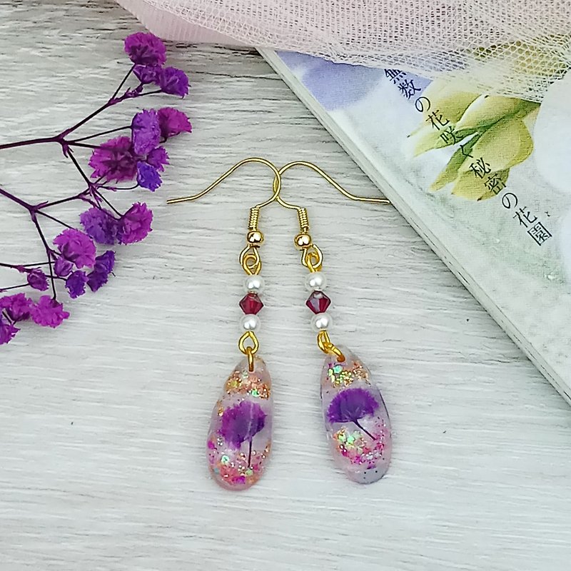 Preserved flower earrings, real flower earrings, dried flower earrings, no withered flower gift Clip-On(ER-007) - Earrings & Clip-ons - Resin Purple