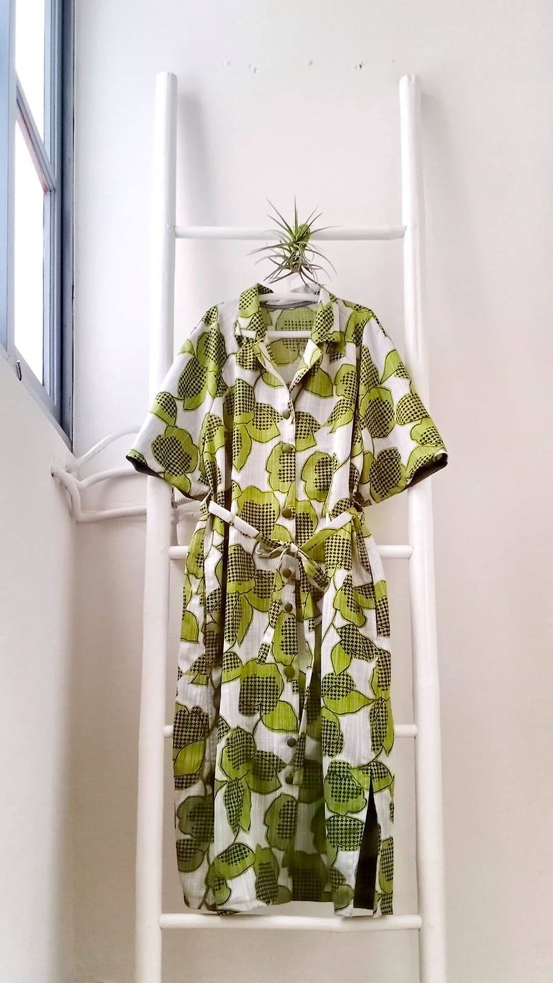 Summer leaf print national collar long shirt dress - ชุดเดรส - เส้นใยสังเคราะห์ 