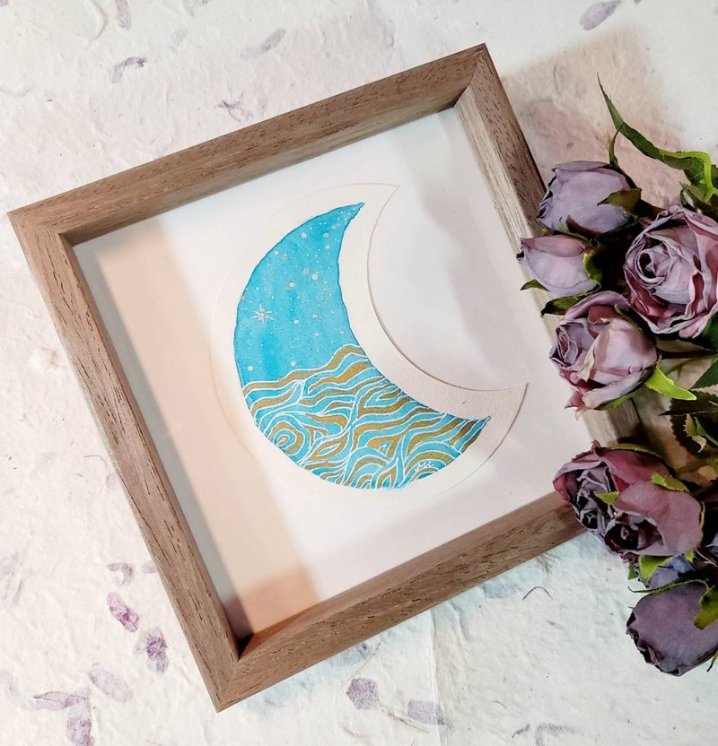 Zentangle Inspired Art禪繞延伸藝術手繪原畫-月光海洋含木畫框 - 海報/掛畫/掛布 - 紙 多色
