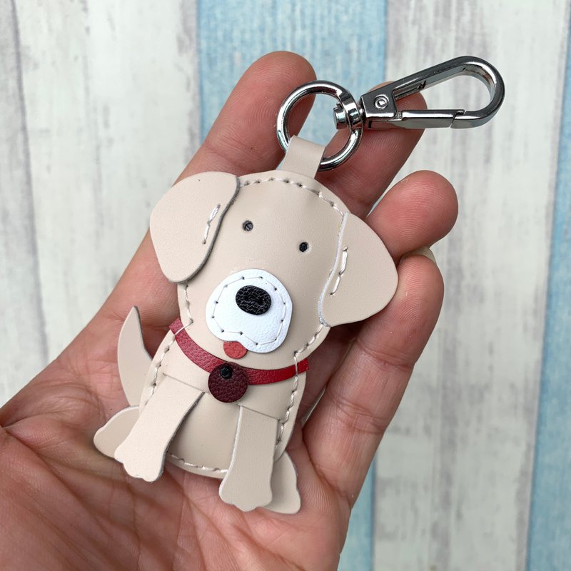 Healing small things beige cute golden retriever hand-stitched leather key ring small size - Keychains - Genuine Leather Orange