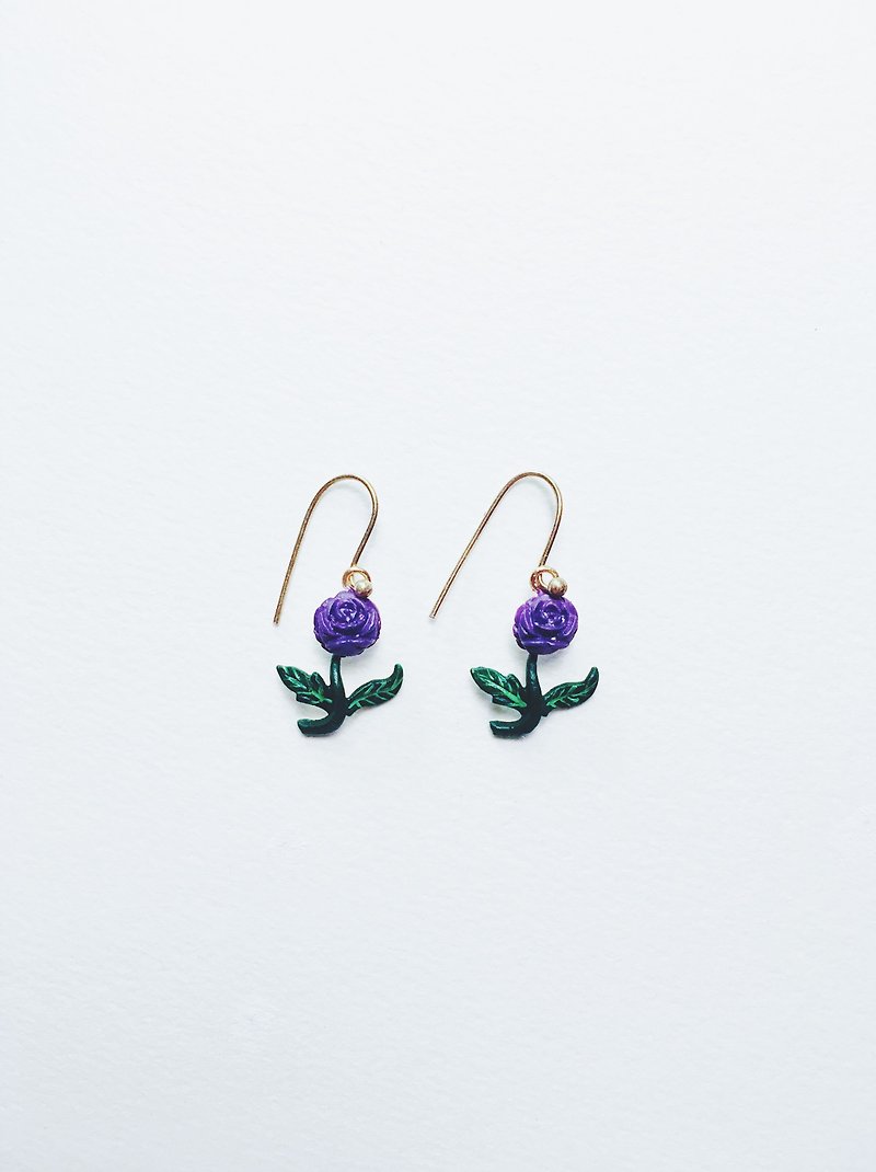 Hand-painted earrings-purple rose / small - ต่างหู - ทองแดงทองเหลือง สีม่วง