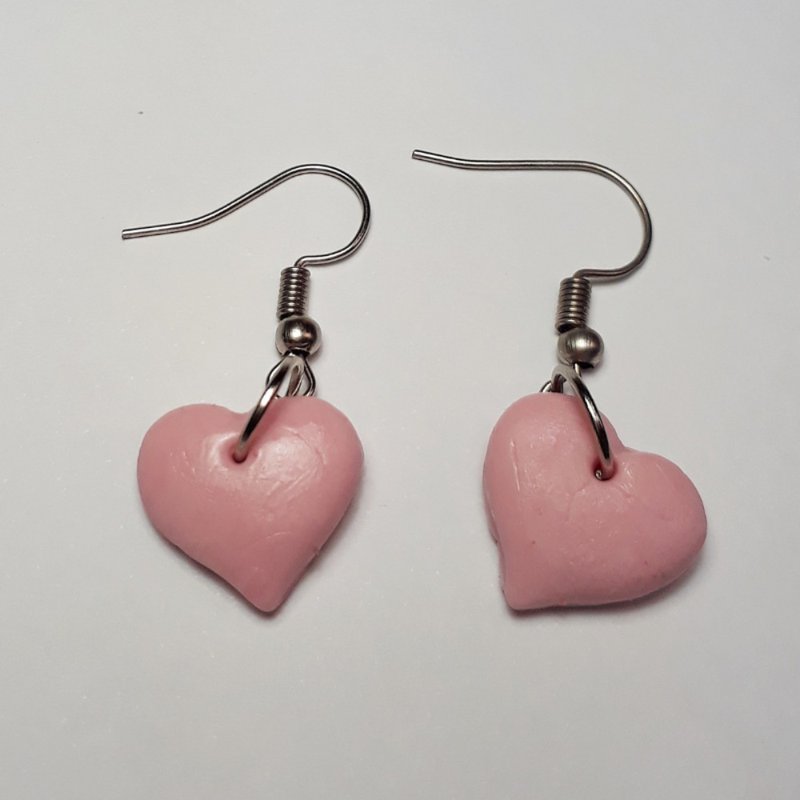Pink Heart Earring Handmade Air Dry Clay Eco Friendly Stainless Wire Hook - 耳環/耳夾/耳骨夾 - 黏土 粉紅色