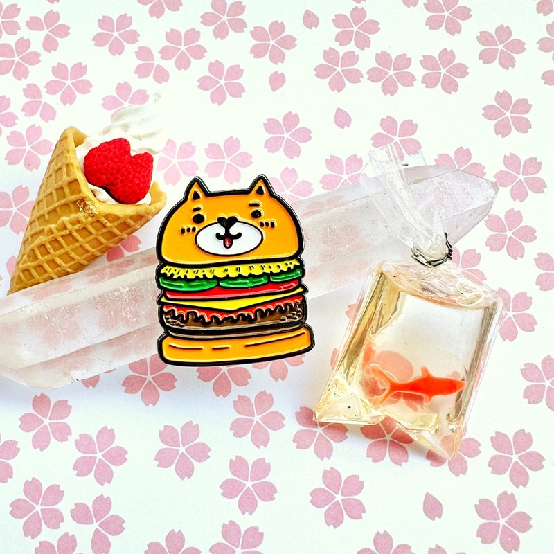 Metal Brooch Badge-Shiba Inu Burger - เข็มกลัด - โลหะ สีส้ม