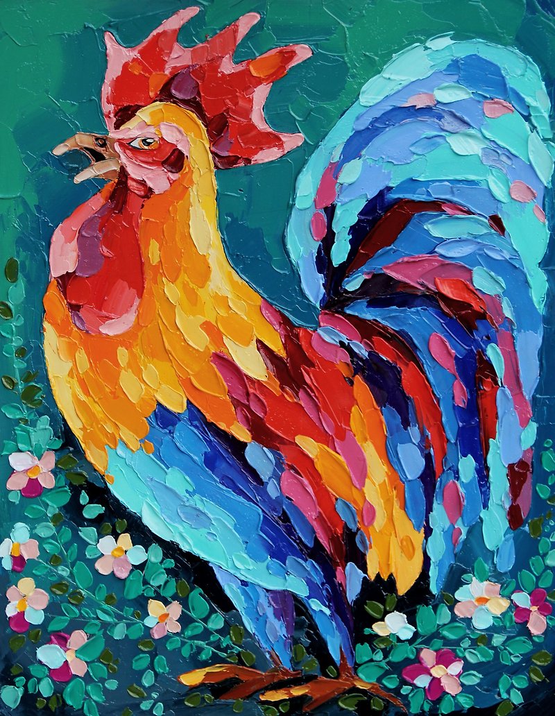Rooster Painting Chicken Original Art Farm Bird Wall Art Impasto Artwork Oil - Posters - Other Materials Multicolor