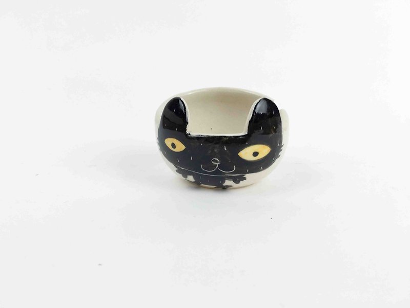 Nice Little Clay hand-painted small dishes _ small black cat 0306-03 - จานเล็ก - ดินเผา ขาว
