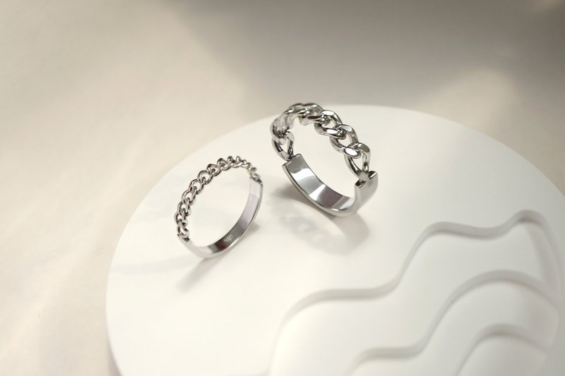 【客製化禮物】日落餘暉。鍊條戒指 情侶對戒 - 對戒 - 不鏽鋼 銀色