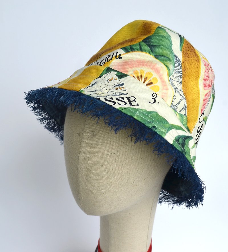 新鮮なグレープフルーツの印刷装飾デニム縁取られた釣鐘状のキャップ - 帽子 - コットン・麻 多色