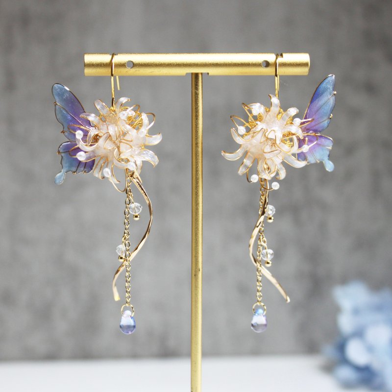 [Bana Flower Butterfly Earrings] White Bana Flower Earrings Blue Purple Butterfly Earrings Clip-On - Earrings & Clip-ons - Resin White