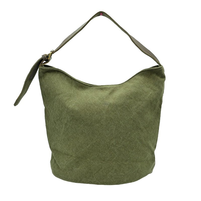 Leather base canvas bag Olive color - 側背包/斜背包 - 棉．麻 綠色