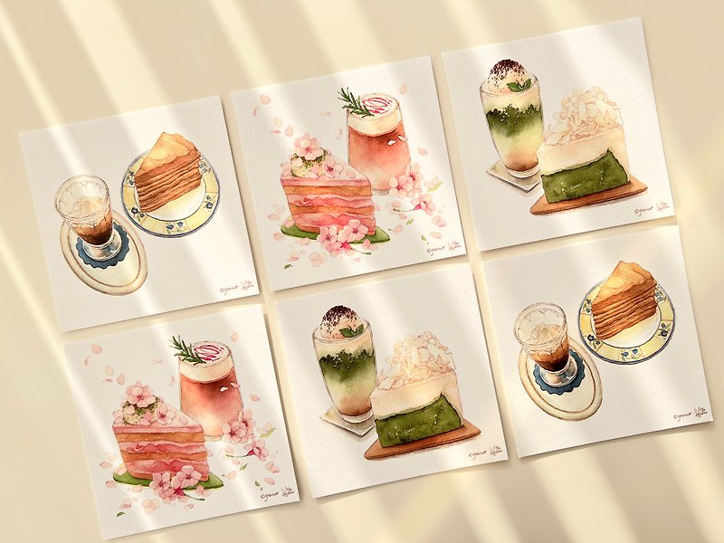 スクエアポストカード-コーヒー&デザート/水彩イラスト、インテリアデコ小道具 - カード・はがき - 紙 多色