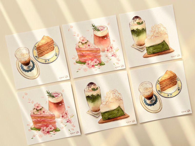 Square Postcard-Coffee&Dessert;/watercolor illustration, interior deco props - 卡片/明信片 - 紙 多色