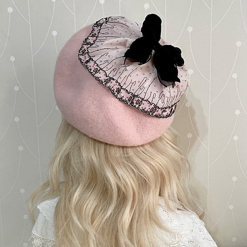 哈娜髮飾 Hanabi ~ 手工訂製飾品 貝蕾帽beret /粉紅貝雷帽 羊毛帽 刺繡蕾絲帽子 蓓蕾帽 畫家帽