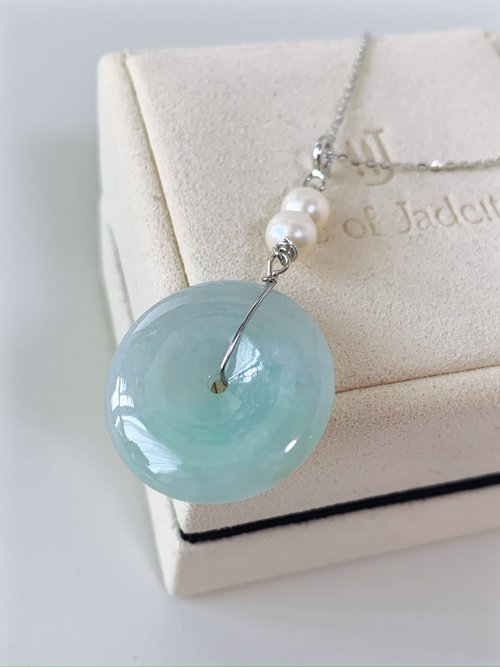 ice of Jadeite 天然緬甸A玉翡翠平安扣配天然淡水珍珠S925銀項鏈 能量石