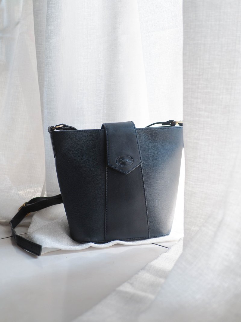 longchamp 經典土耳其灰藍 古董厚磅牛質皮革側背包 Vintage bag - 側背包/斜背包 - 真皮 藍色