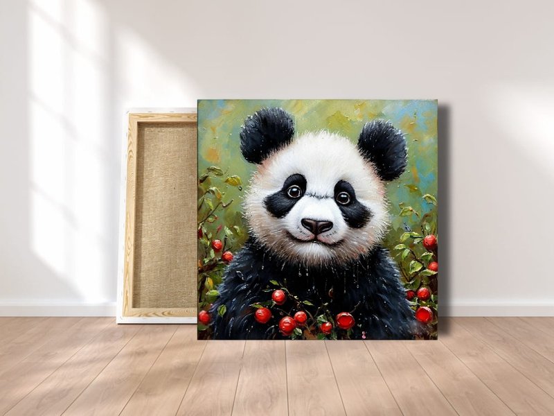 Cute Panda animal original painting, Panda wall art - Posters - Cotton & Hemp Multicolor