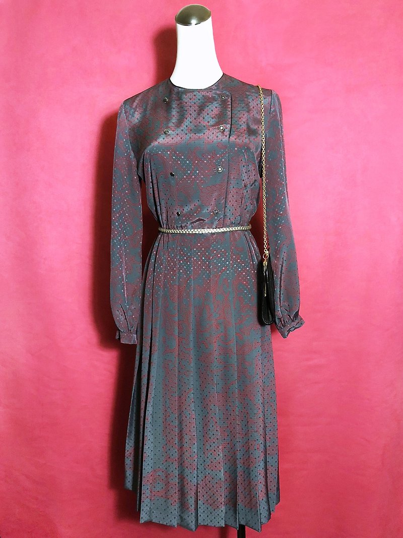 Double-breasted glossy long-sleeved vintage dress / brought back to VINTAGE abroad - One Piece Dresses - Polyester Gray