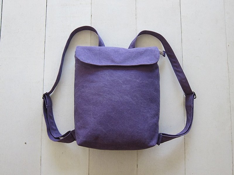 棉．麻 背囊/背包 紫色 - 小號雙肩帆布後背包(拉鍊開口+磁扣袋蓋+外側拉鍊袋)-水洗紫 / 紫